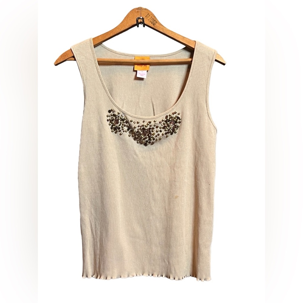 Light Brown Ribbed Tank Top with Beaded design 
Scalloped bottom